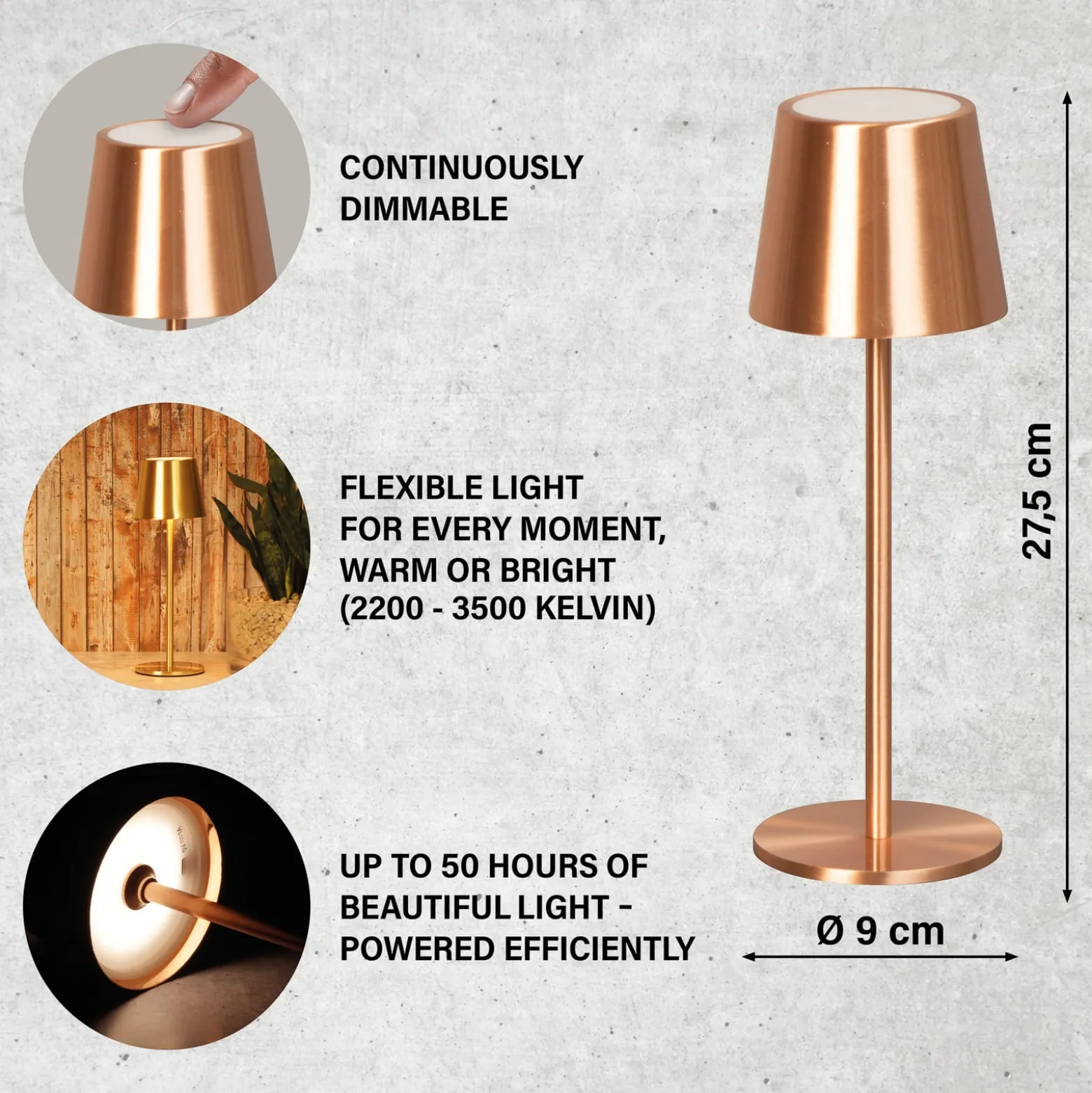 LED-akku-pöytälamppu Roxi, kuparinen, metalli, IP54, himmennin