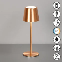 LED-akku-pöytälamppu Roxi, kuparinen, metalli, IP54, himmennin