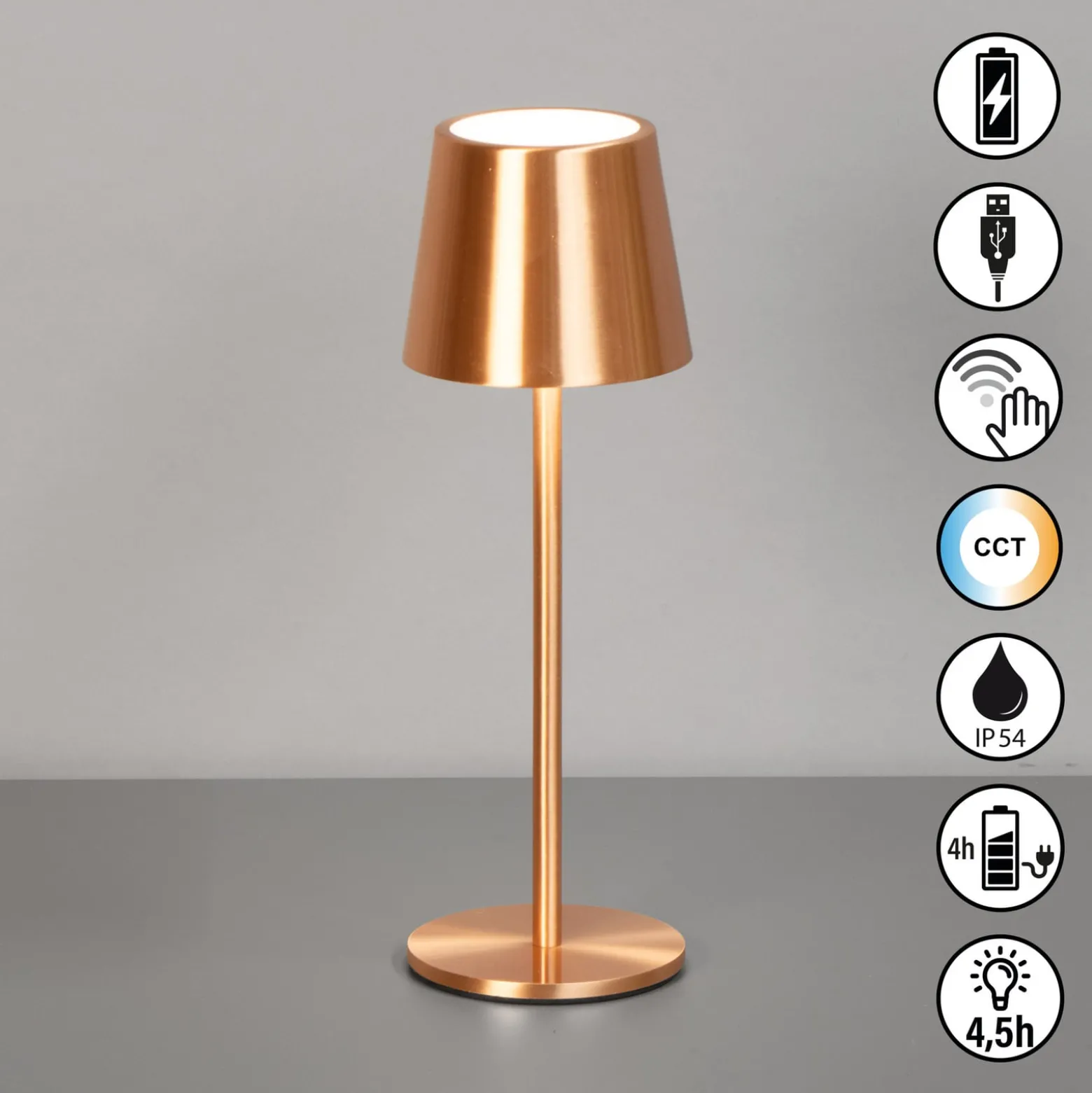 LED-akku-pöytälamppu Roxi, kuparinen, metalli, IP54, himmennin