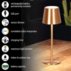 LED-akku-pöytälamppu Roxi, kuparinen, metalli, IP54, himmennin