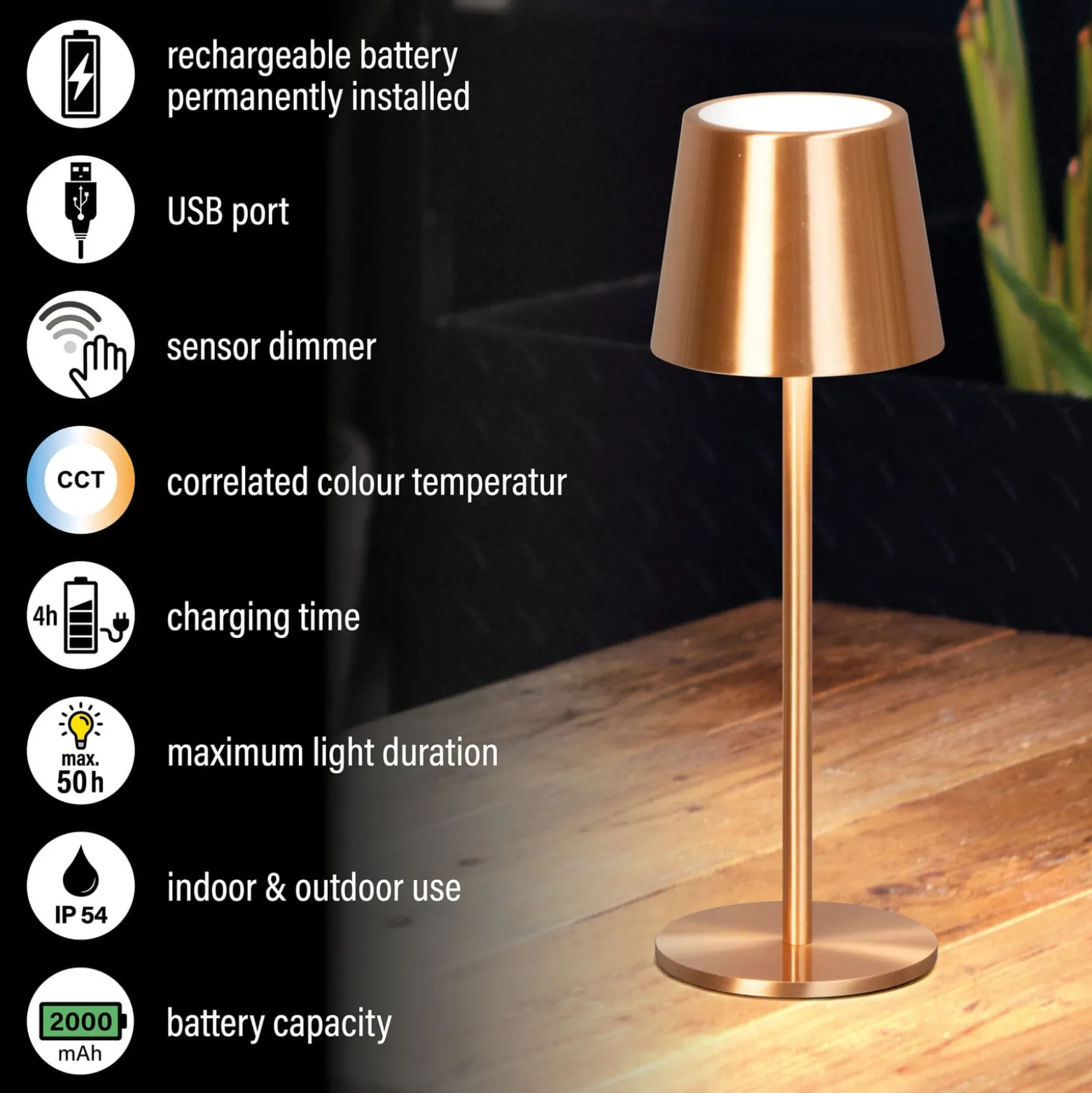LED-akku-pöytälamppu Roxi, kuparinen, metalli, IP54, himmennin