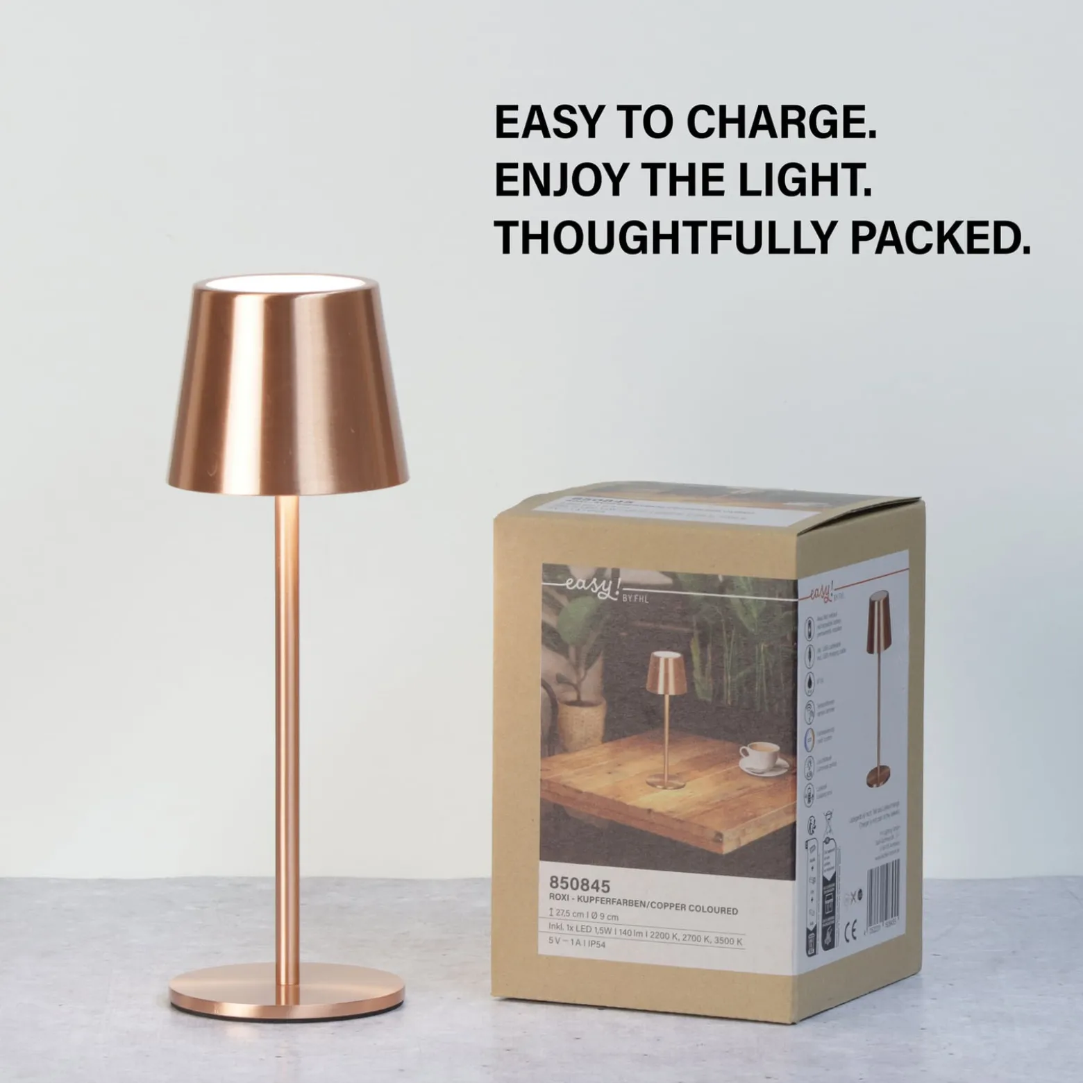 LED-akku-pöytälamppu Roxi, kuparinen, metalli, IP54, himmennin
