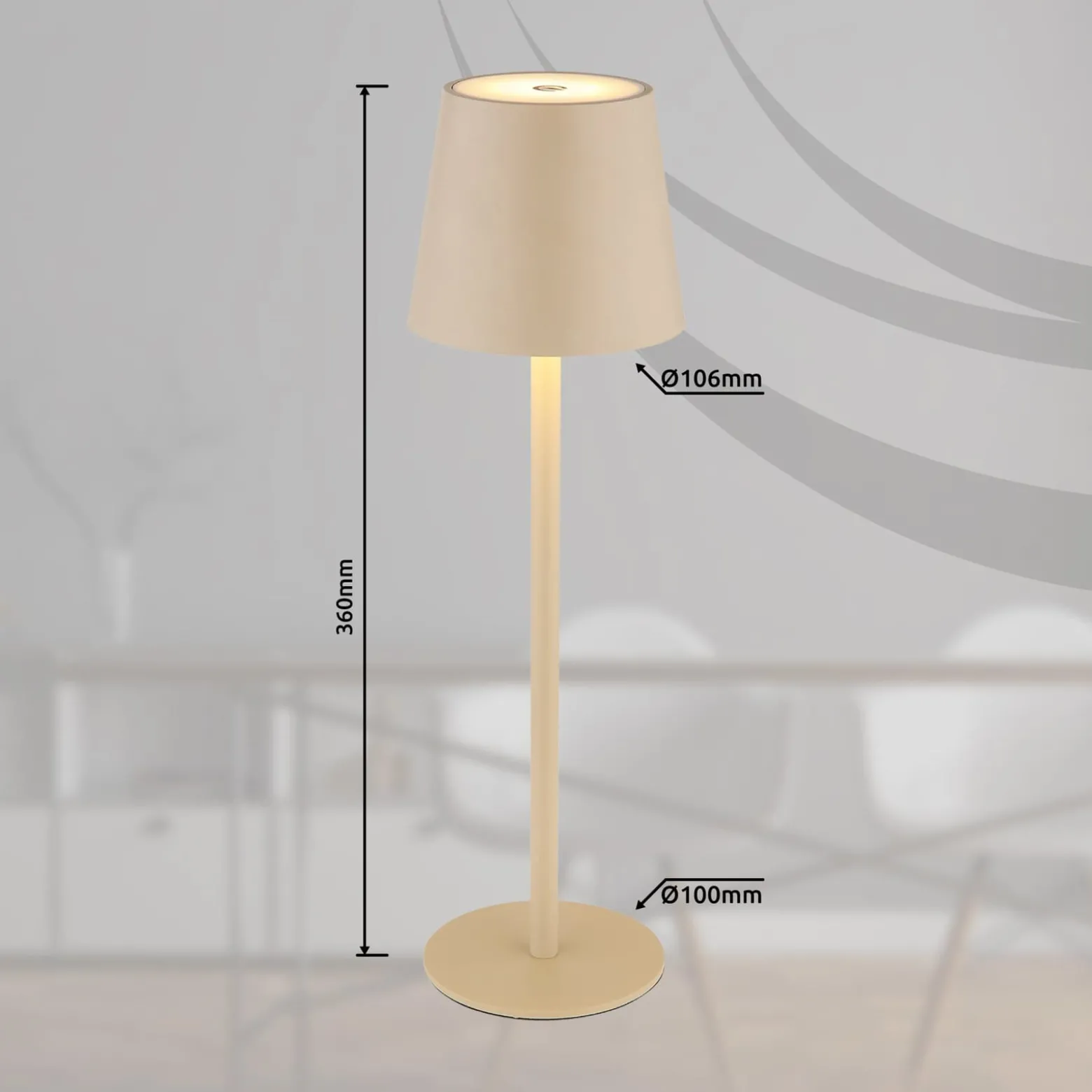 LED-akku-pöytälamppu Vannie, hiekanvärinen, korkeus 36 cm, IP44