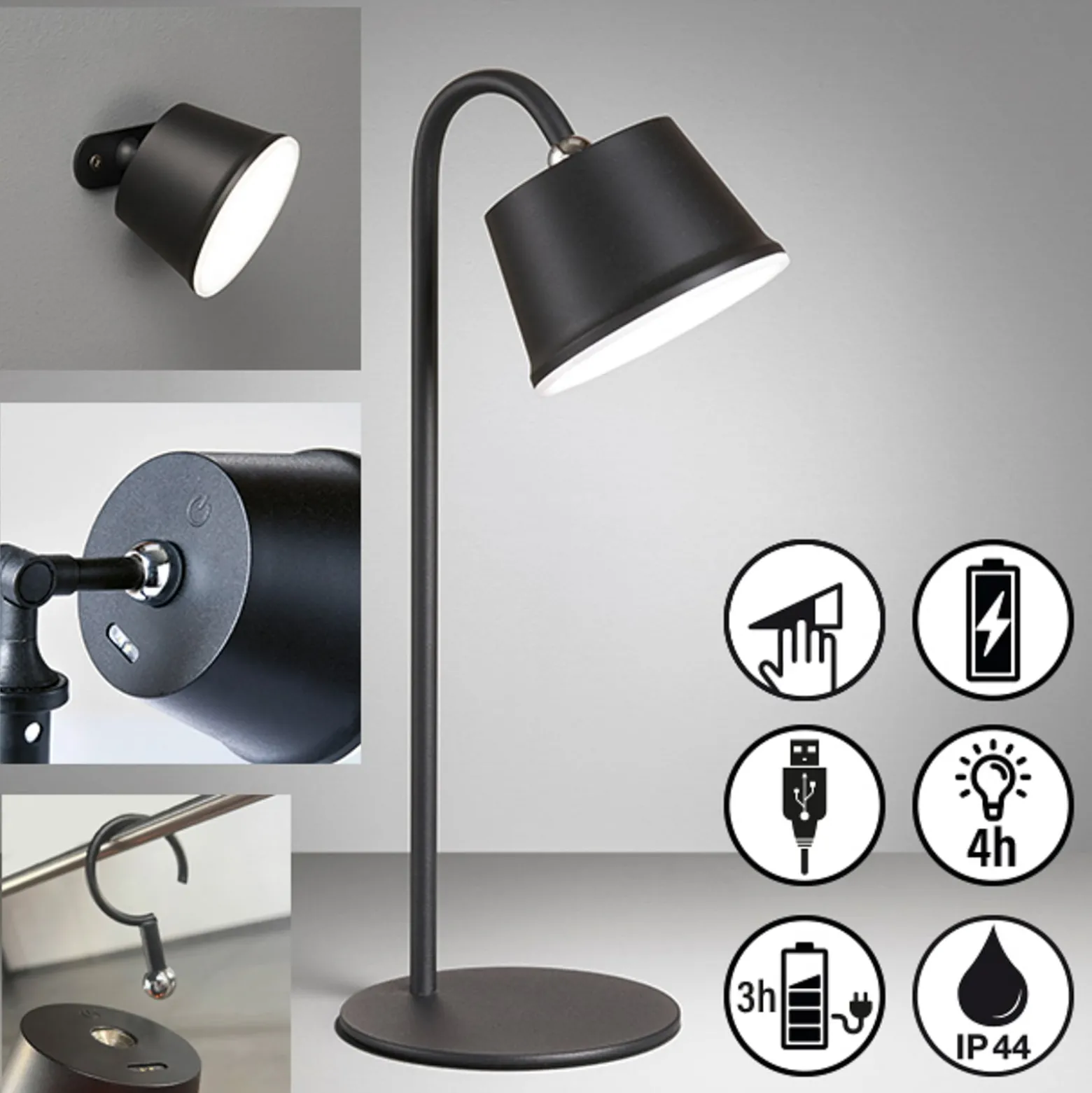 LED-akkupöytälamppu Voet himmennettävä hiekanmusta