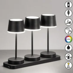 LED-akku-pöytävalaisin Gardo 3 kpl, latausasema, musta