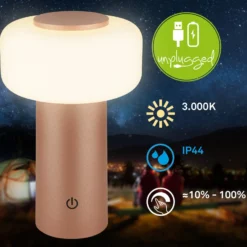 LED-akku-pöytävalaisin Juna, ruskea, IP44, himmennettävä, 20 cm