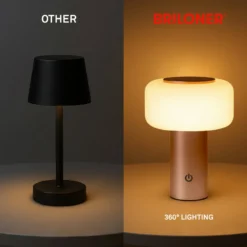 LED-akku-pöytävalaisin Juna, ruskea, IP44, himmennettävä, 20 cm