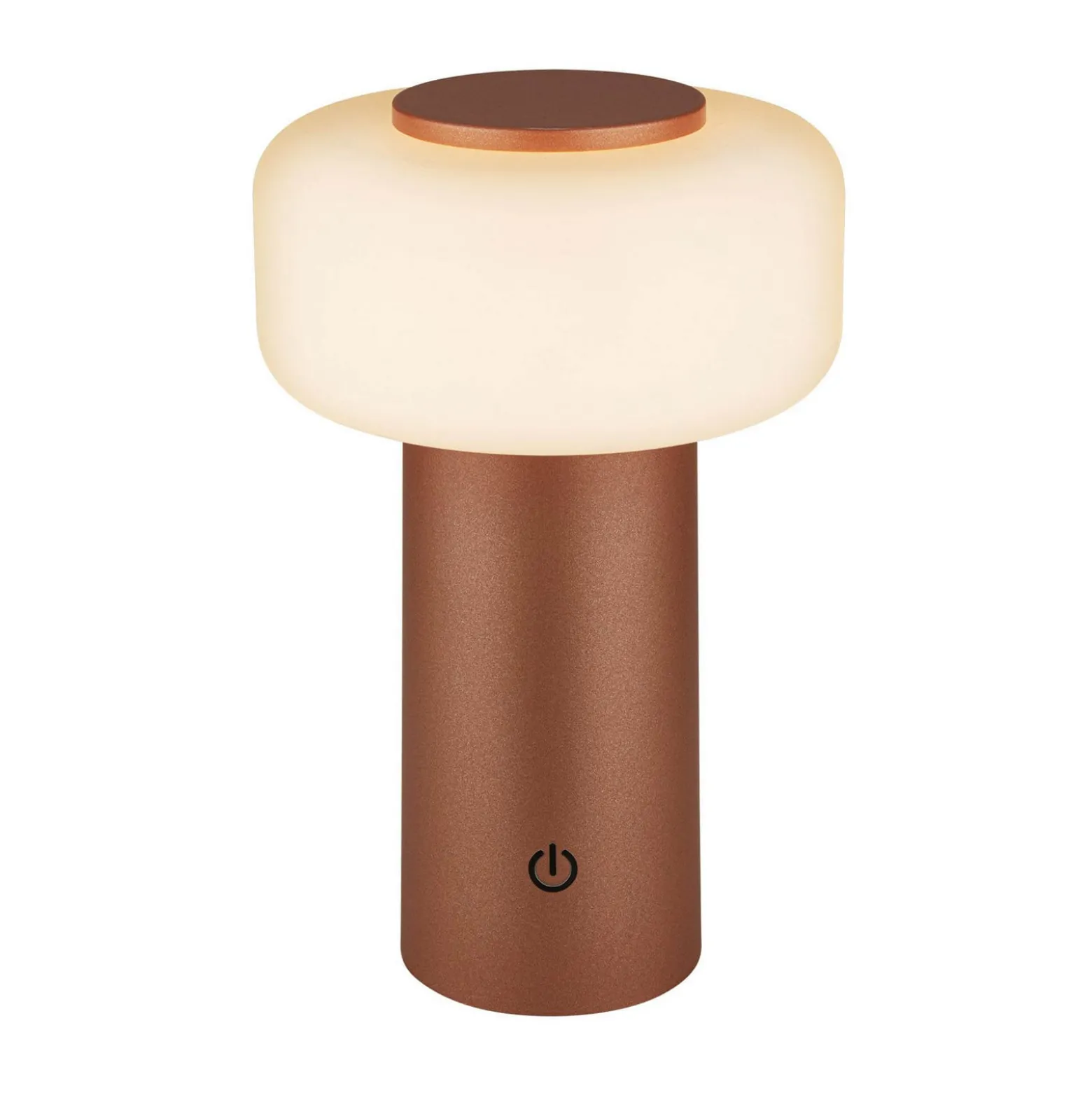 LED-akku-pöytävalaisin Juna, ruskea, IP44, himmennettävä, 20 cm