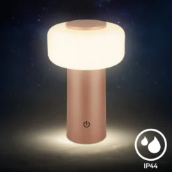 LED-akku-pöytävalaisin Juna, ruskea, IP44, himmennettävä, 20 cm