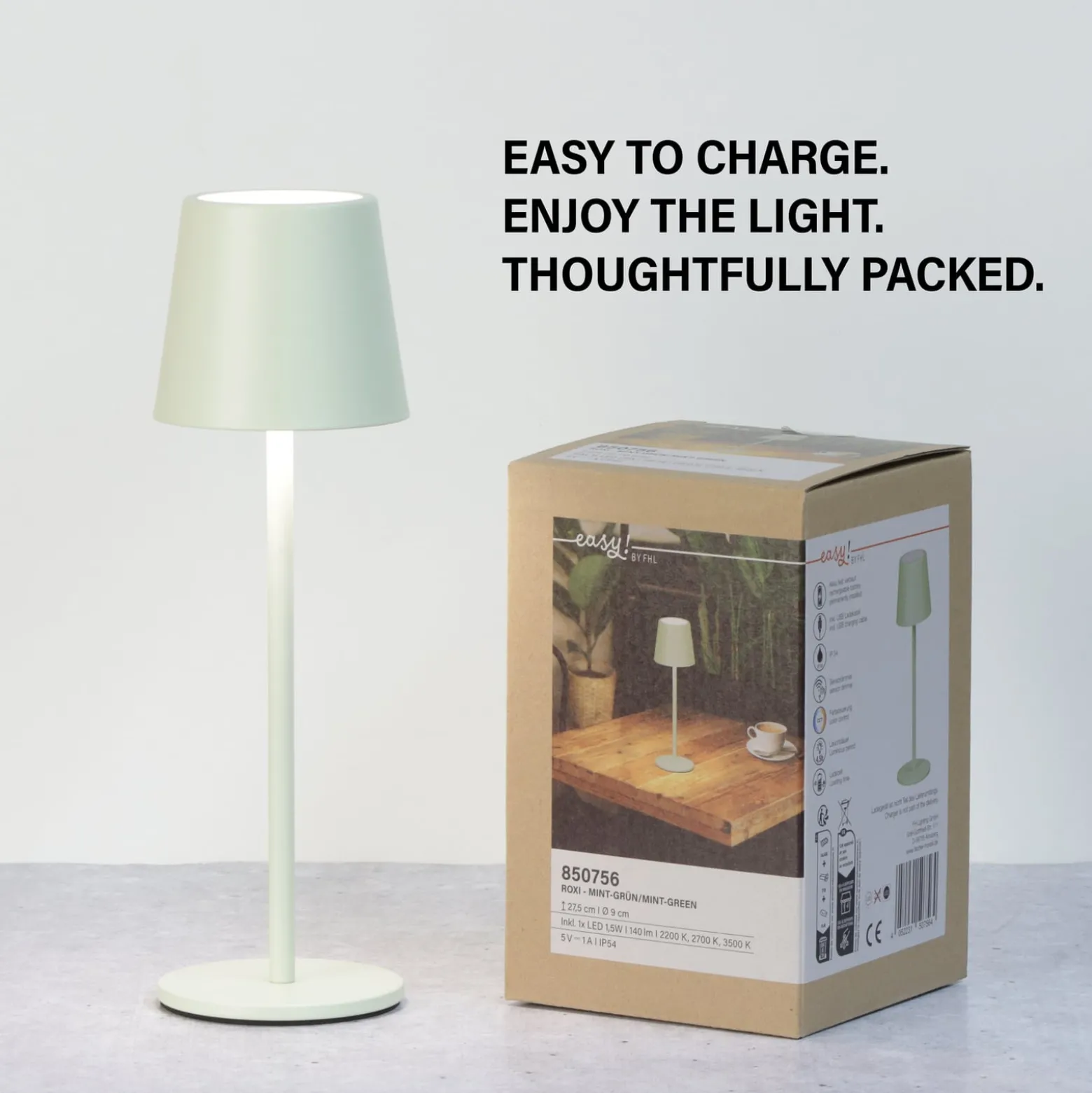 LED-akku-pöytävalaisin Roxi, mintunvihreä, metalli, IP54, himmennin