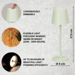 LED-akku-pöytävalaisin Roxi, mintunvihreä, metalli, IP54, himmennin