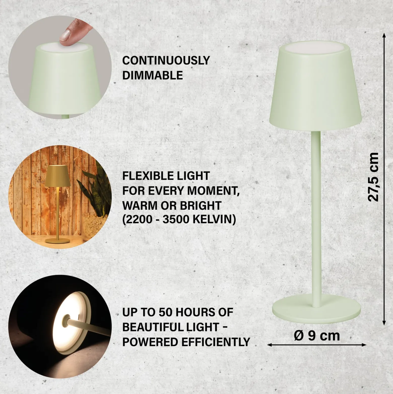 LED-akku-pöytävalaisin Roxi, mintunvihreä, metalli, IP54, himmennin