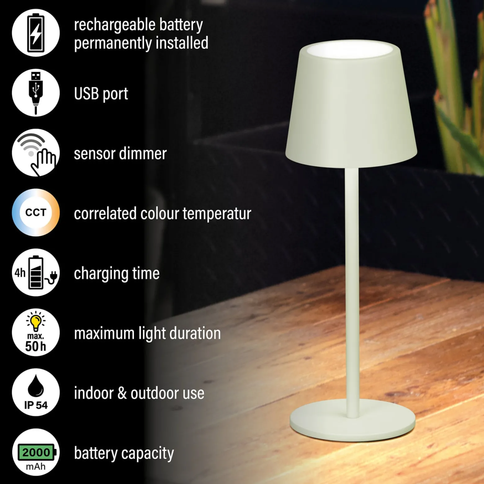 LED-akku-pöytävalaisin Roxi, mintunvihreä, metalli, IP54, himmennin