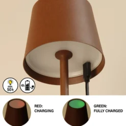 LED-akku-pöytävalaisin Roxi, ruosteenvärinen, metalli, IP54, himmennin