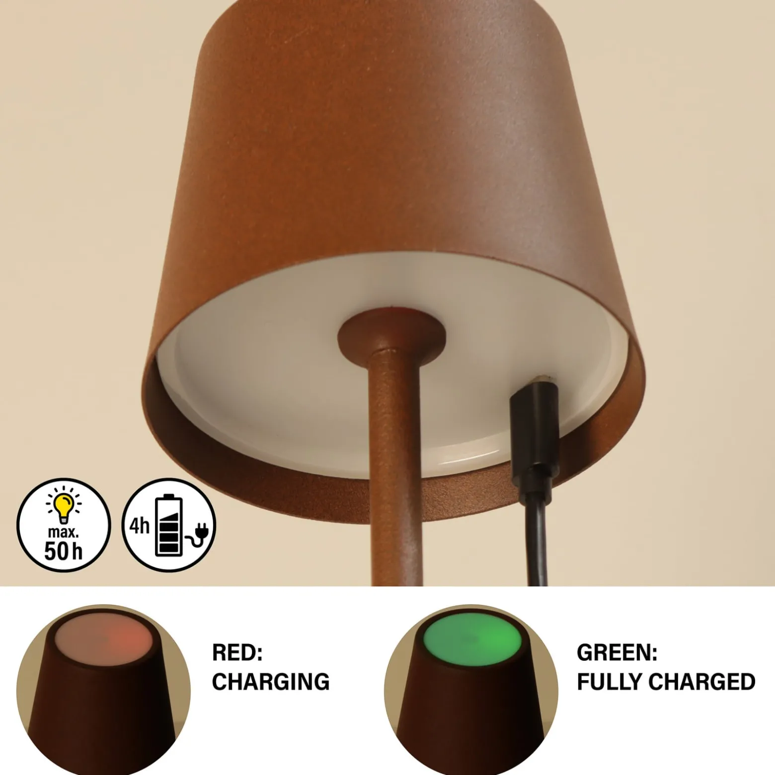 LED-akku-pöytävalaisin Roxi, ruosteenvärinen, metalli, IP54, himmennin