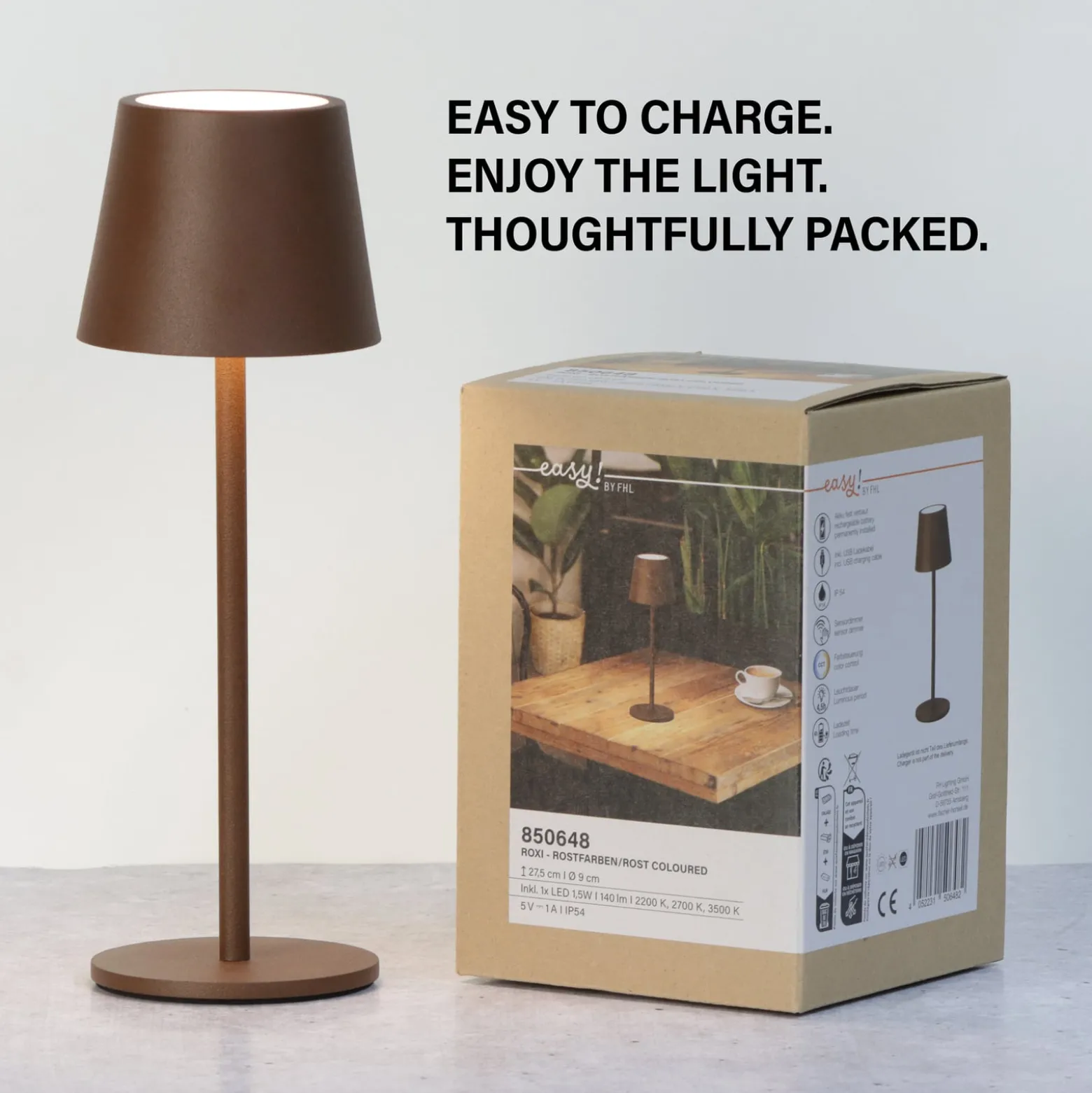 LED-akku-pöytävalaisin Roxi, ruosteenvärinen, metalli, IP54, himmennin