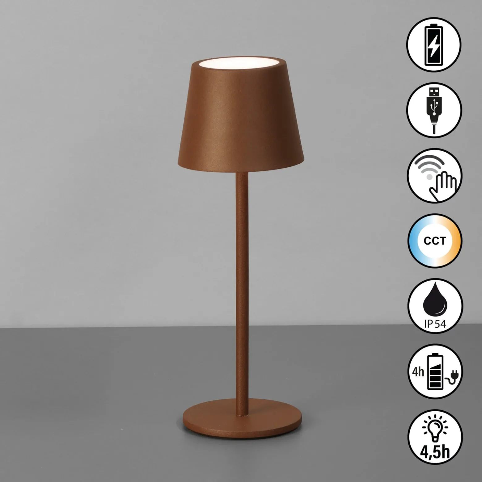 LED-akku-pöytävalaisin Roxi, ruosteenvärinen, metalli, IP54, himmennin