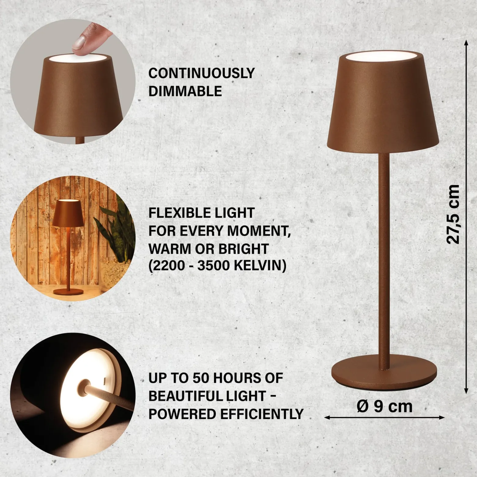 LED-akku-pöytävalaisin Roxi, ruosteenvärinen, metalli, IP54, himmennin