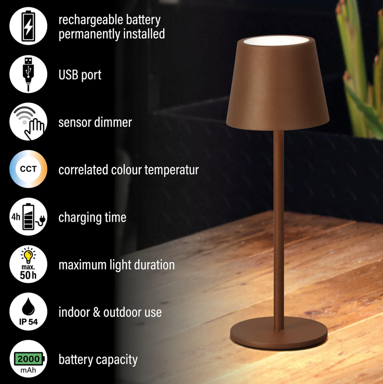 LED-akku-pöytävalaisin Roxi, ruosteenvärinen, metalli, IP54, himmennin