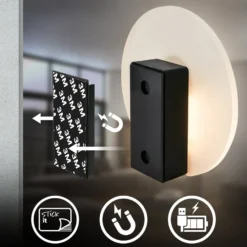 LED-akku-seinävalaisin Taro, musta matta, Ø 15 cm, anturi