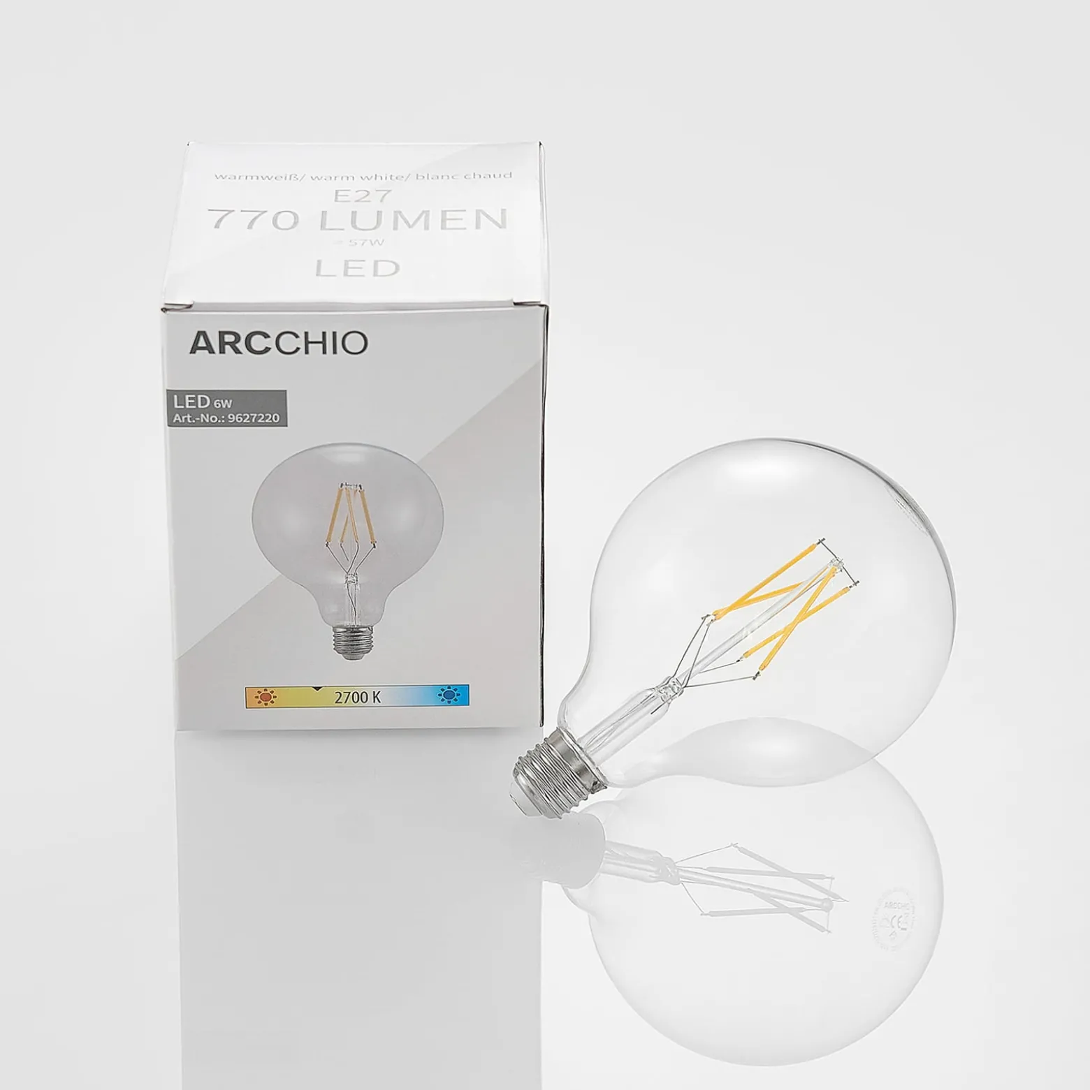 LED-filamentti E27 6W 2700K G125 globe kirkas 3kpl