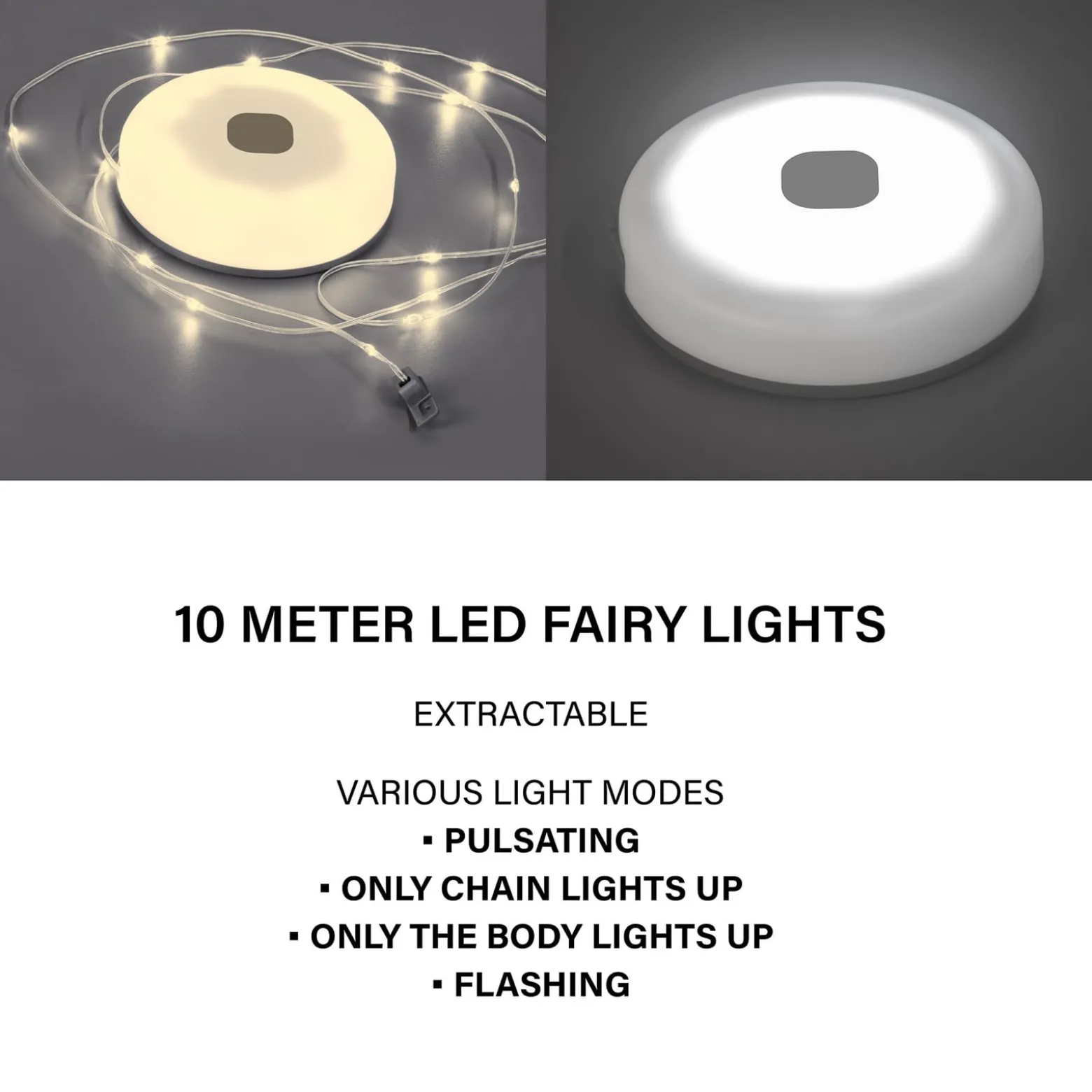 LED-keijuvalot Benni, valkoinen, 10 m, pidennettävä, ladattava akku