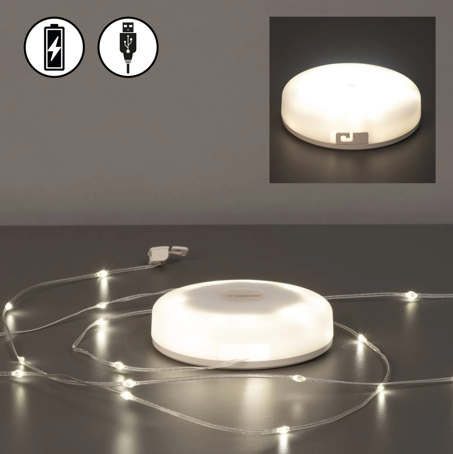 LED-keijuvalot Benni, valkoinen, 10 m, pidennettävä, ladattava akku