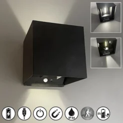 LED-ladattava seinävalaisin Magnetics, musta, 120°, ylös/alas, tunnistin