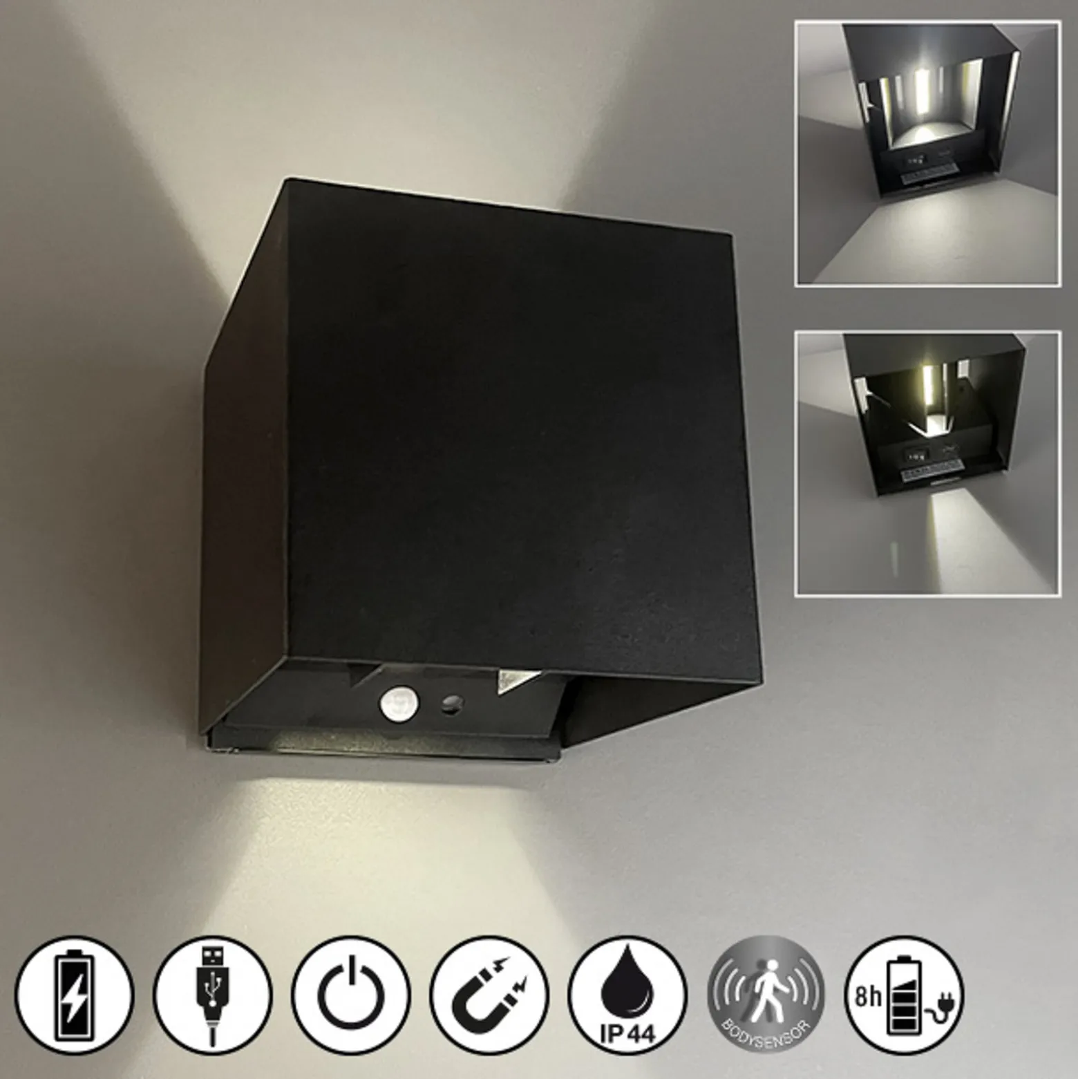 LED-ladattava seinävalaisin Magnetics, musta, 120°, ylös/alas, tunnistin