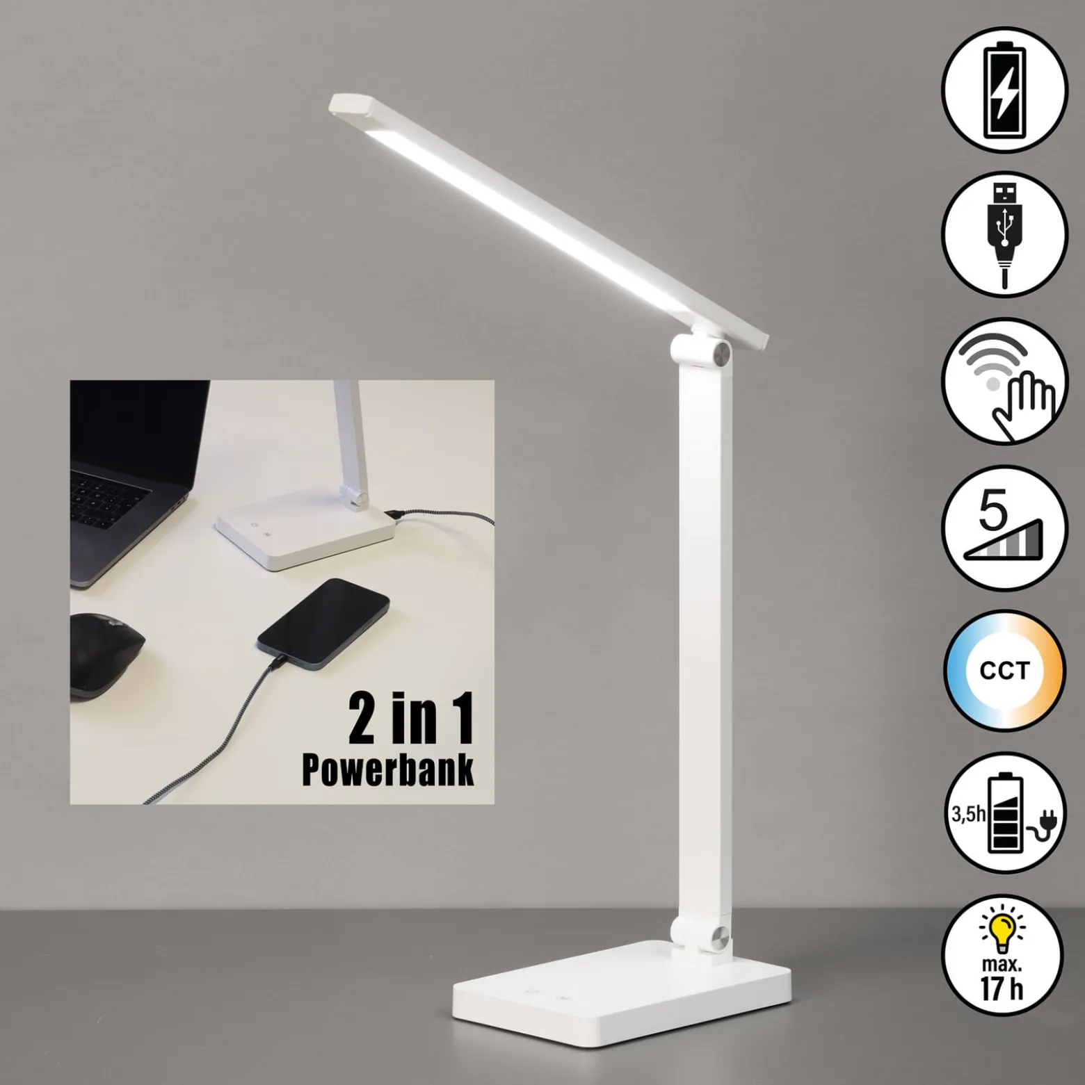 LED ladattava toimistopöytävalaisin Ole, valkoinen, sensori,