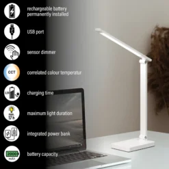 LED ladattava toimistopöytävalaisin Ole, valkoinen, sensori,