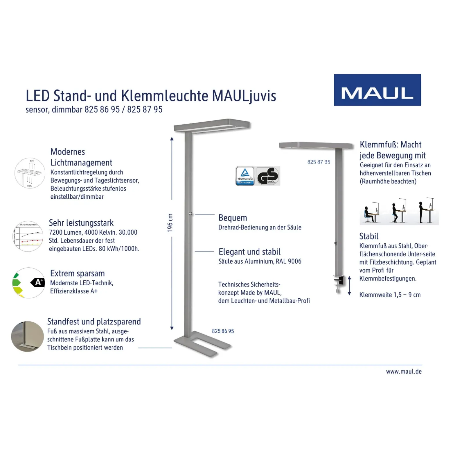 LED-lattiavalo MAULjuvis, valkoinen, 196 cm, jalusta, himmennettävä