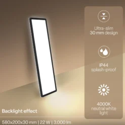 LED-paneeli Shallow on/off, 58 x 20 cm, musta, 840 taustavaloa