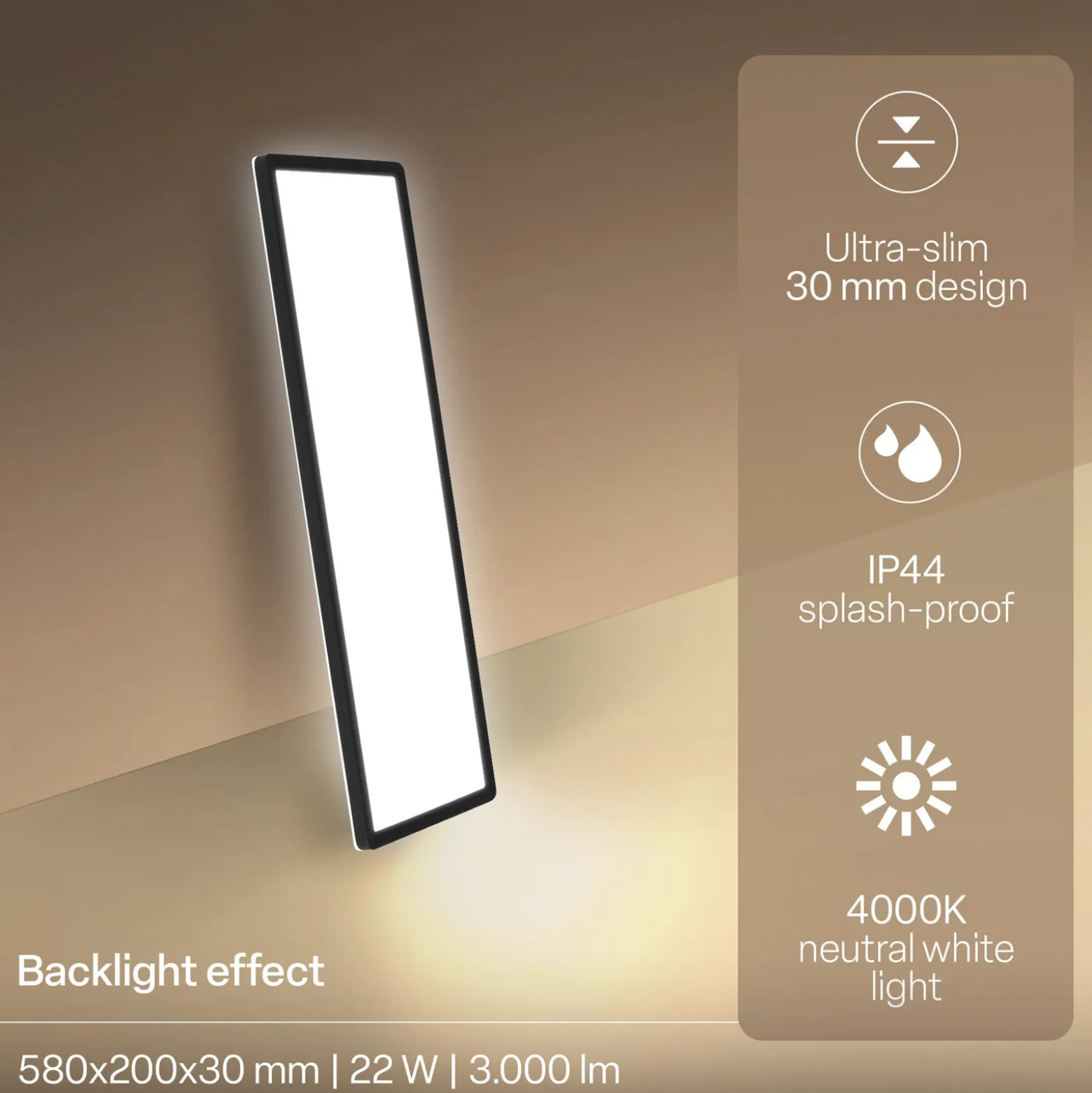 LED-paneeli Shallow on/off, 58 x 20 cm, musta, 840 taustavaloa