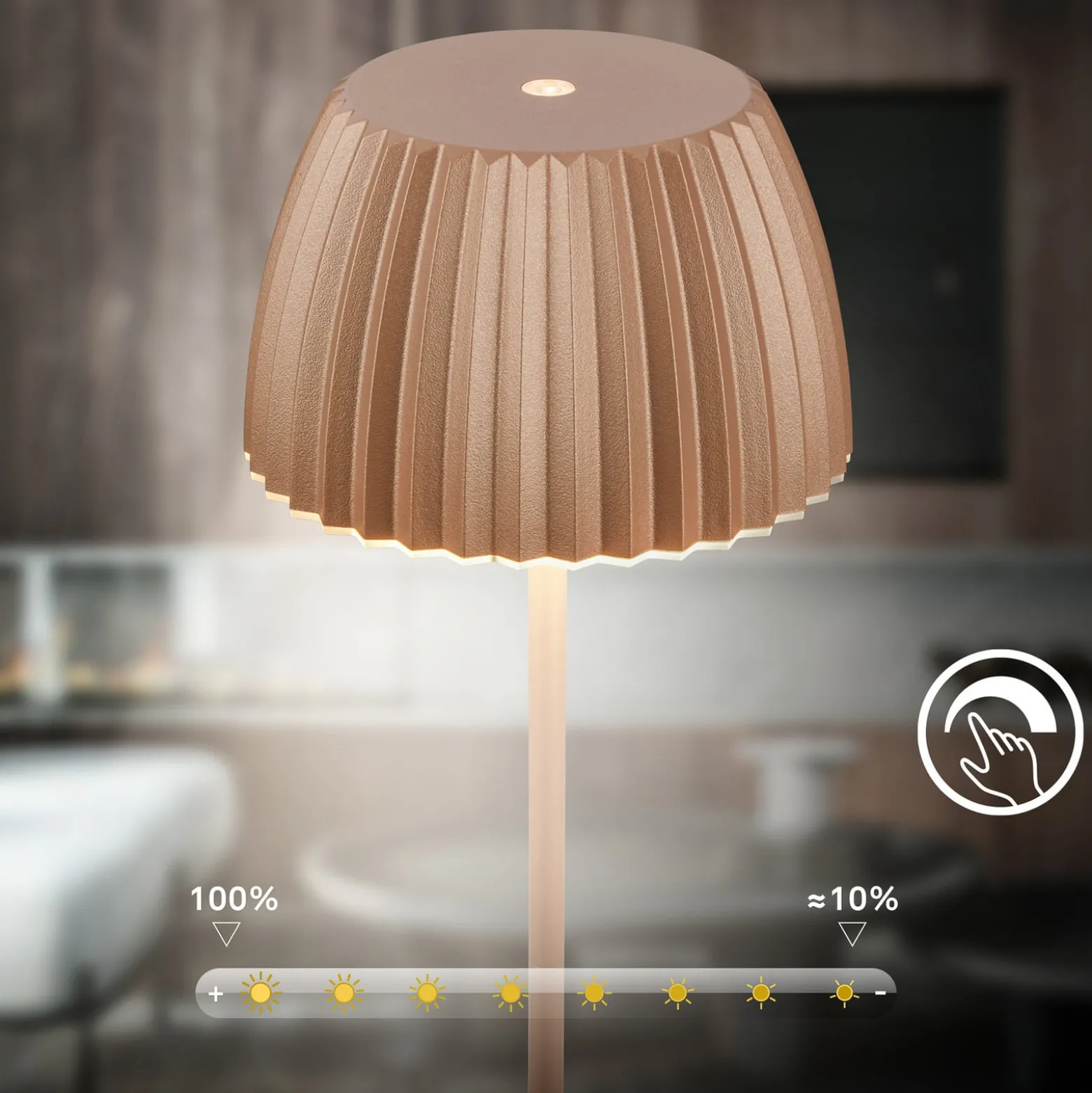 LED-pöytälamppu Loca, ruskea, korkeus 36 cm, metalli/muovi