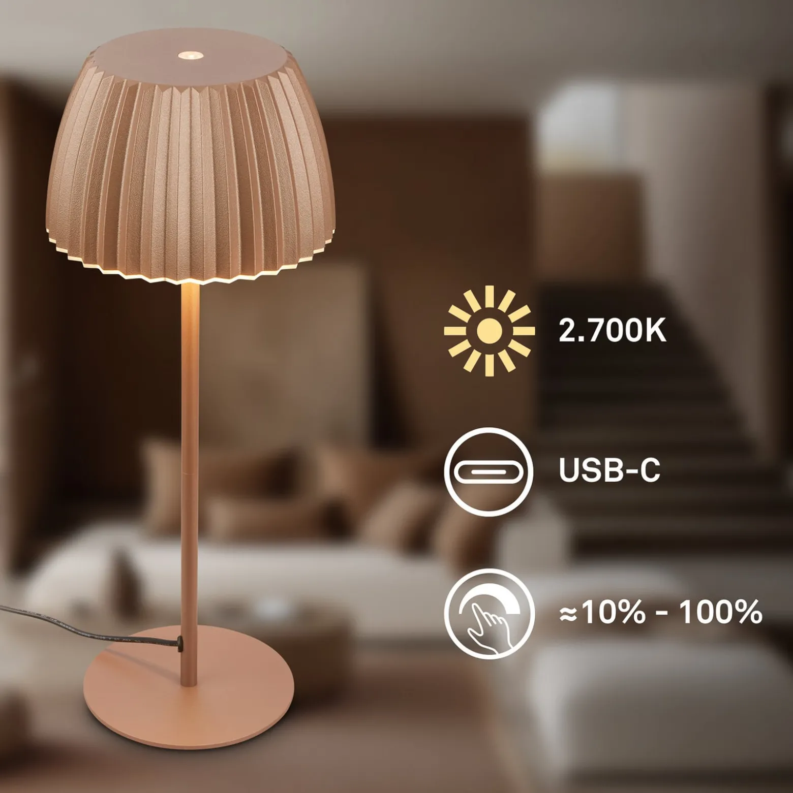 LED-pöytälamppu Loca, ruskea, korkeus 36 cm, metalli/muovi