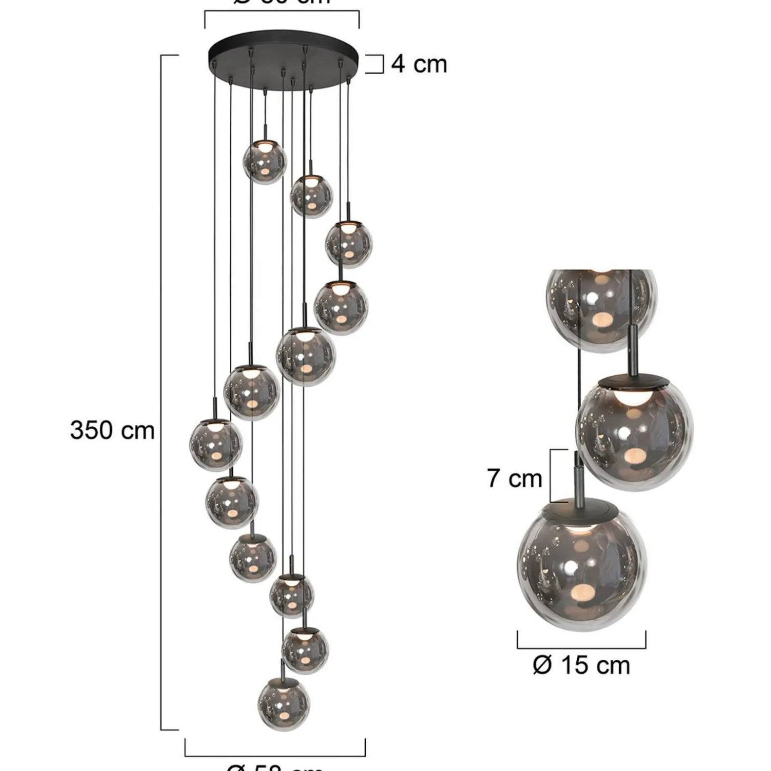 LED-riippuvalaisin Bollique, 12-lamppuinen. pyöreä, musta, lasi