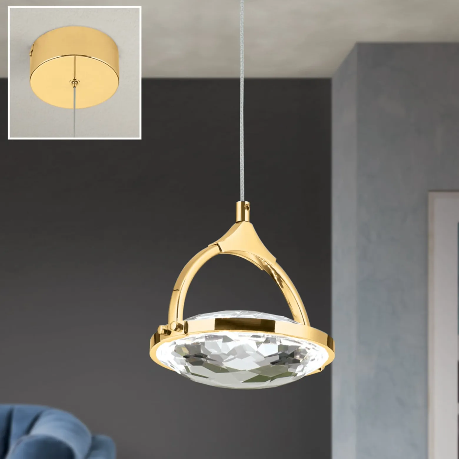 LED-riippuvalaisin Moon K9-kristallilasia 1x kulta