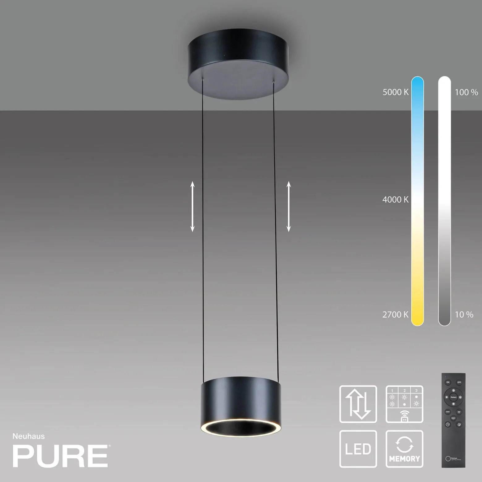 LED-riippuvalaisin PURE Clipse, harmaa, halkaisija 20 cm, CCT-himmennin,