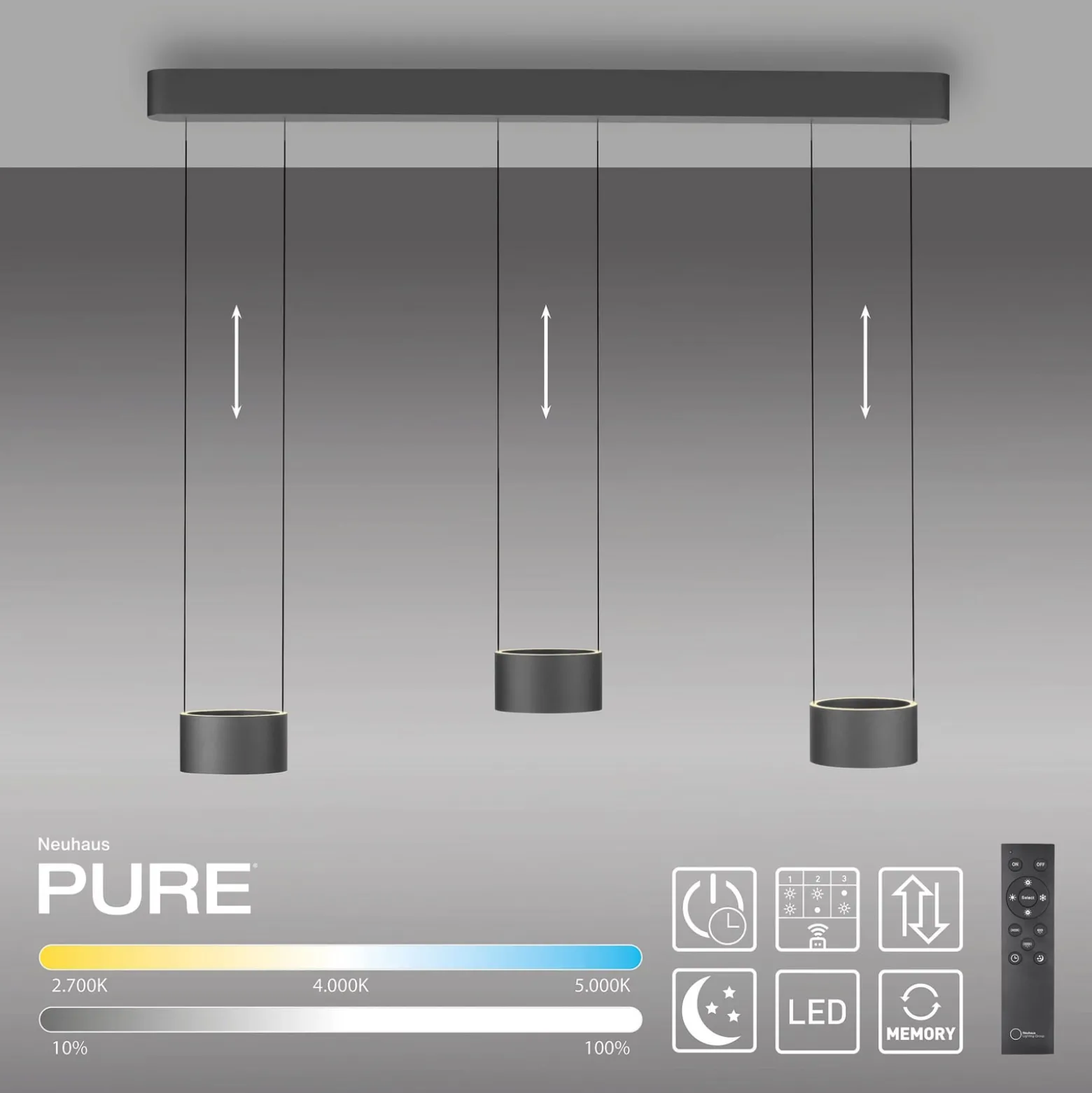 LED-riippuvalaisin PURE Clipse, harmaa, pituus 110 cm, CCT, 6-lamppuinen