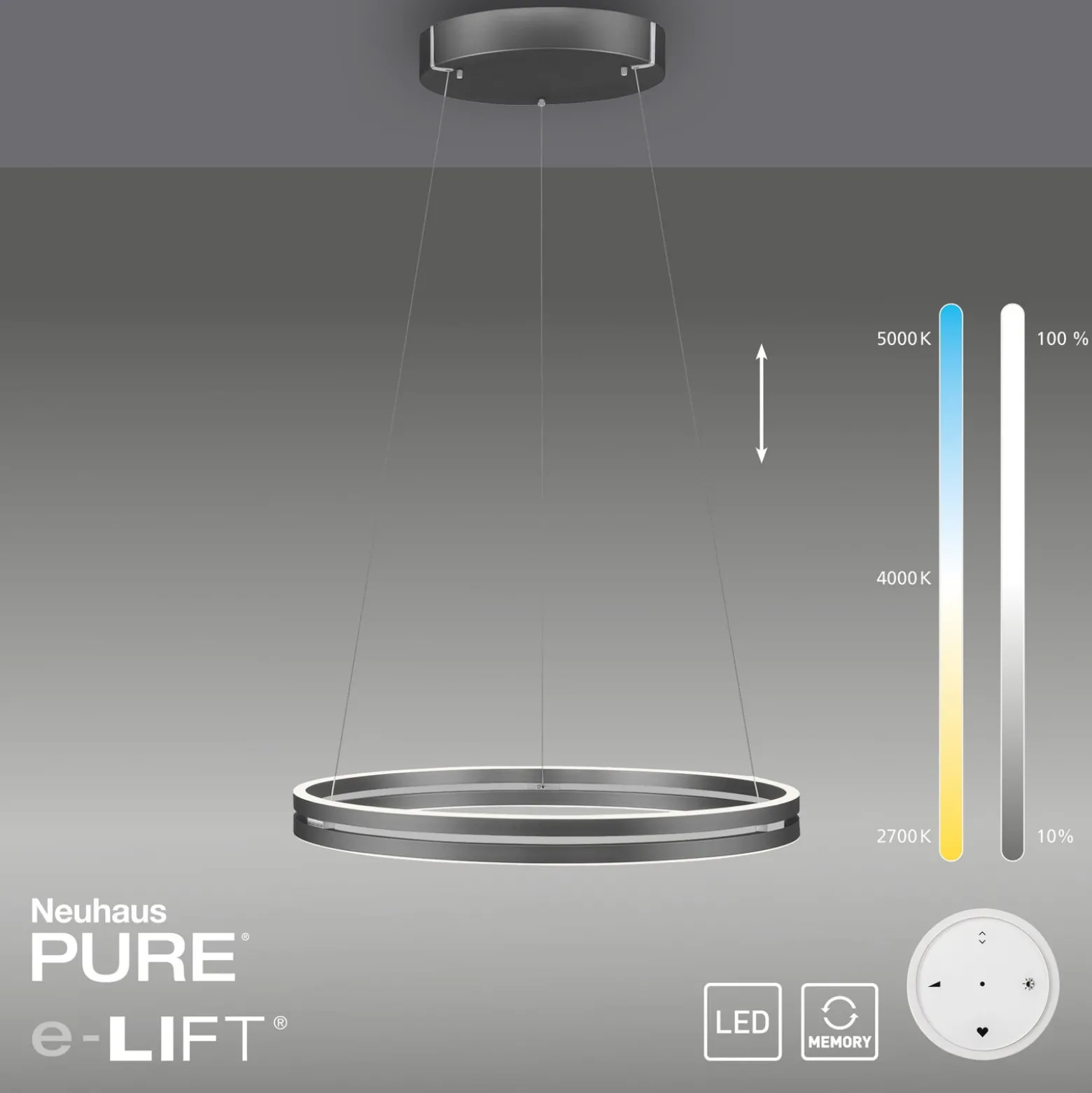 LED-riippuvalaisin PURE E-Loop, mystic grey, Ø 70 cm, alumiini, CCT