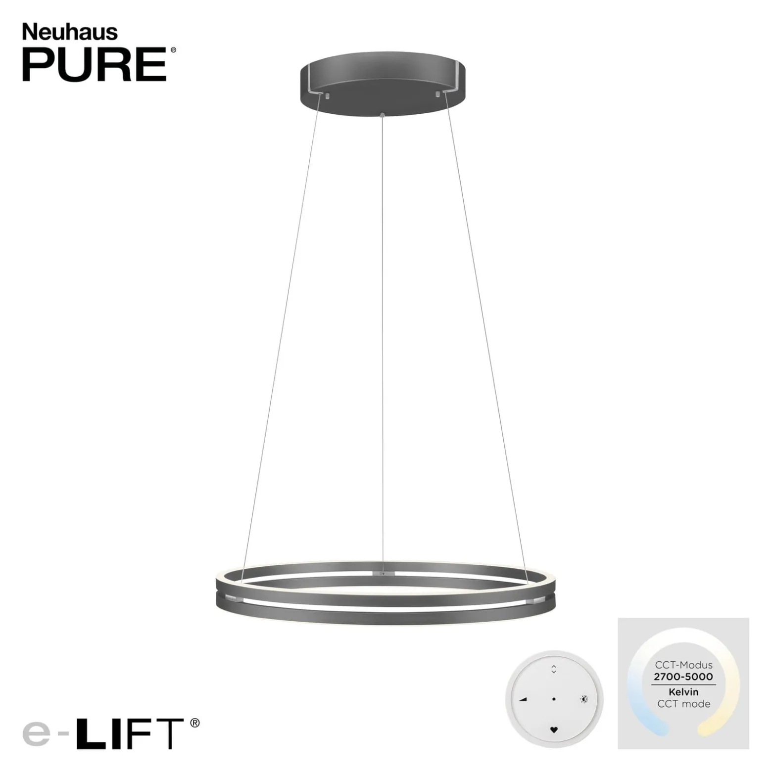 LED-riippuvalaisin PURE E-Loop, mystic grey, Ø 70 cm, alumiini, CCT