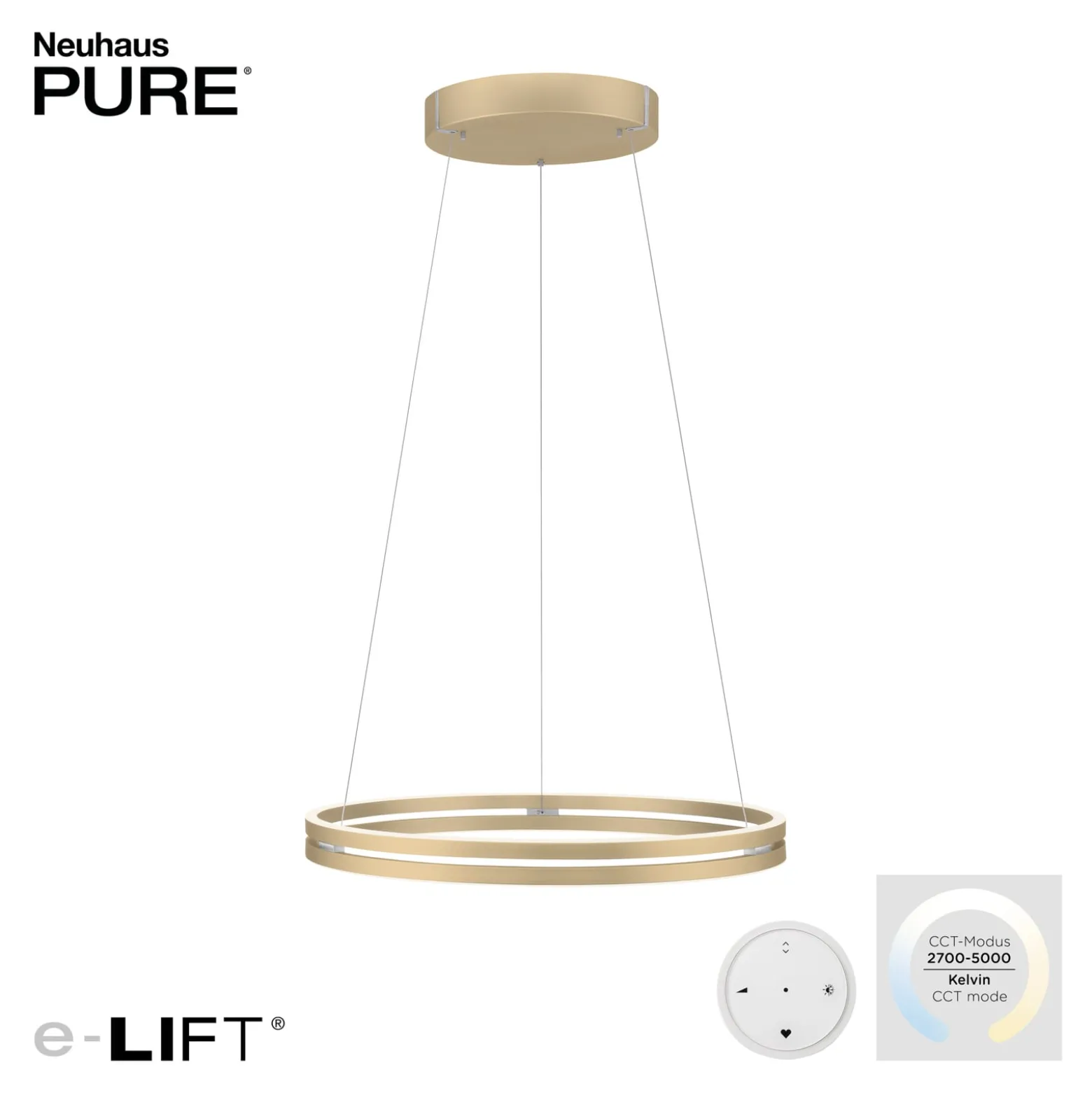 LED-riippuvalaisin PURE E-Loop, norsunluunvalkoinen kulta, Ø 70 cm, alumiini,