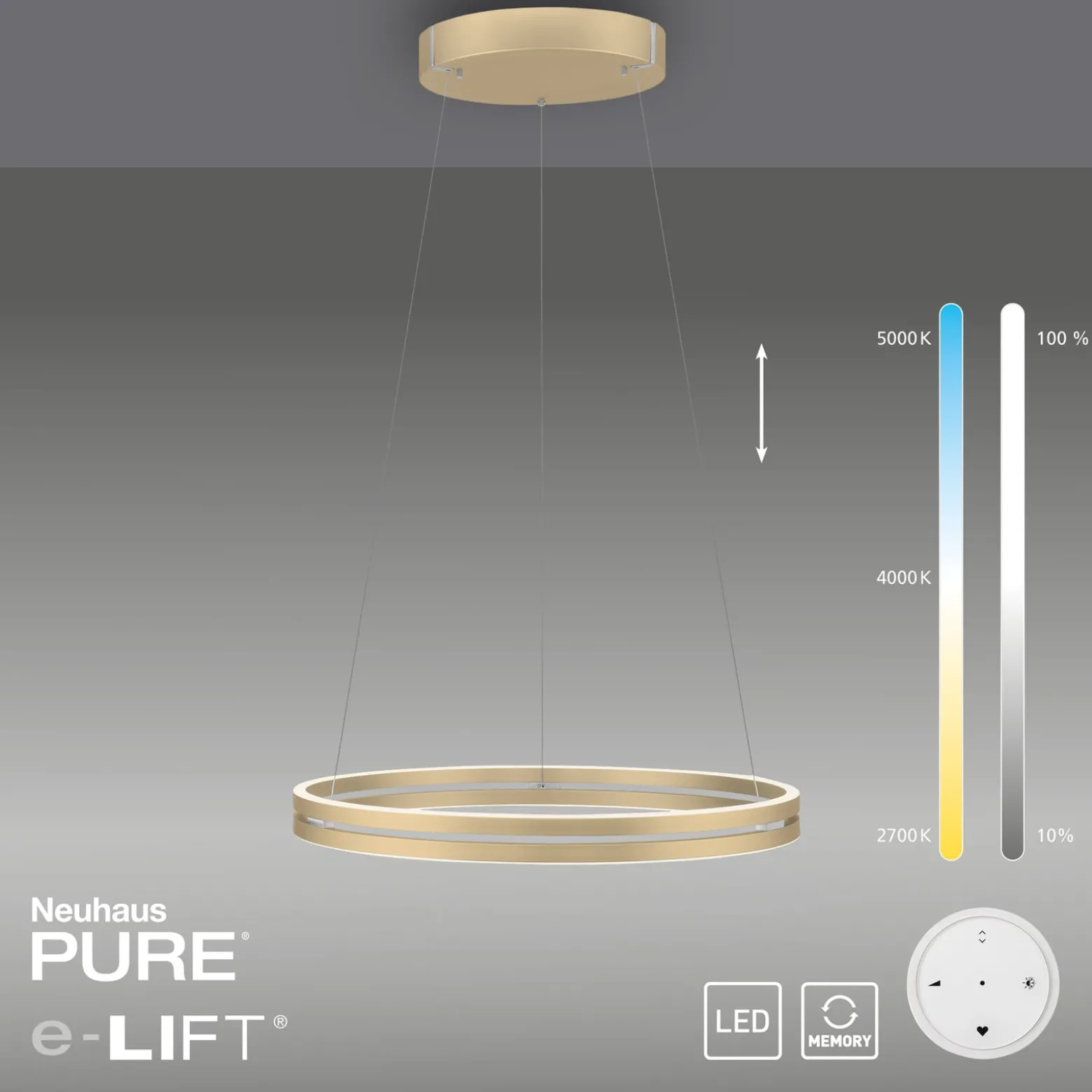 LED-riippuvalaisin PURE E-Loop, norsunluunvalkoinen kulta, Ø 70 cm, alumiini,
