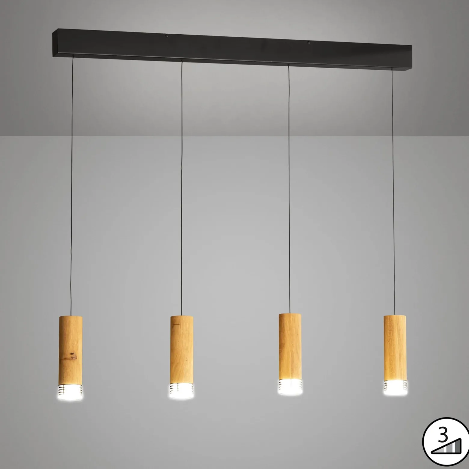 LED-riippuvalaisin Shine-Wood, 100 cm, tammi/musta, 4-lamppuinen