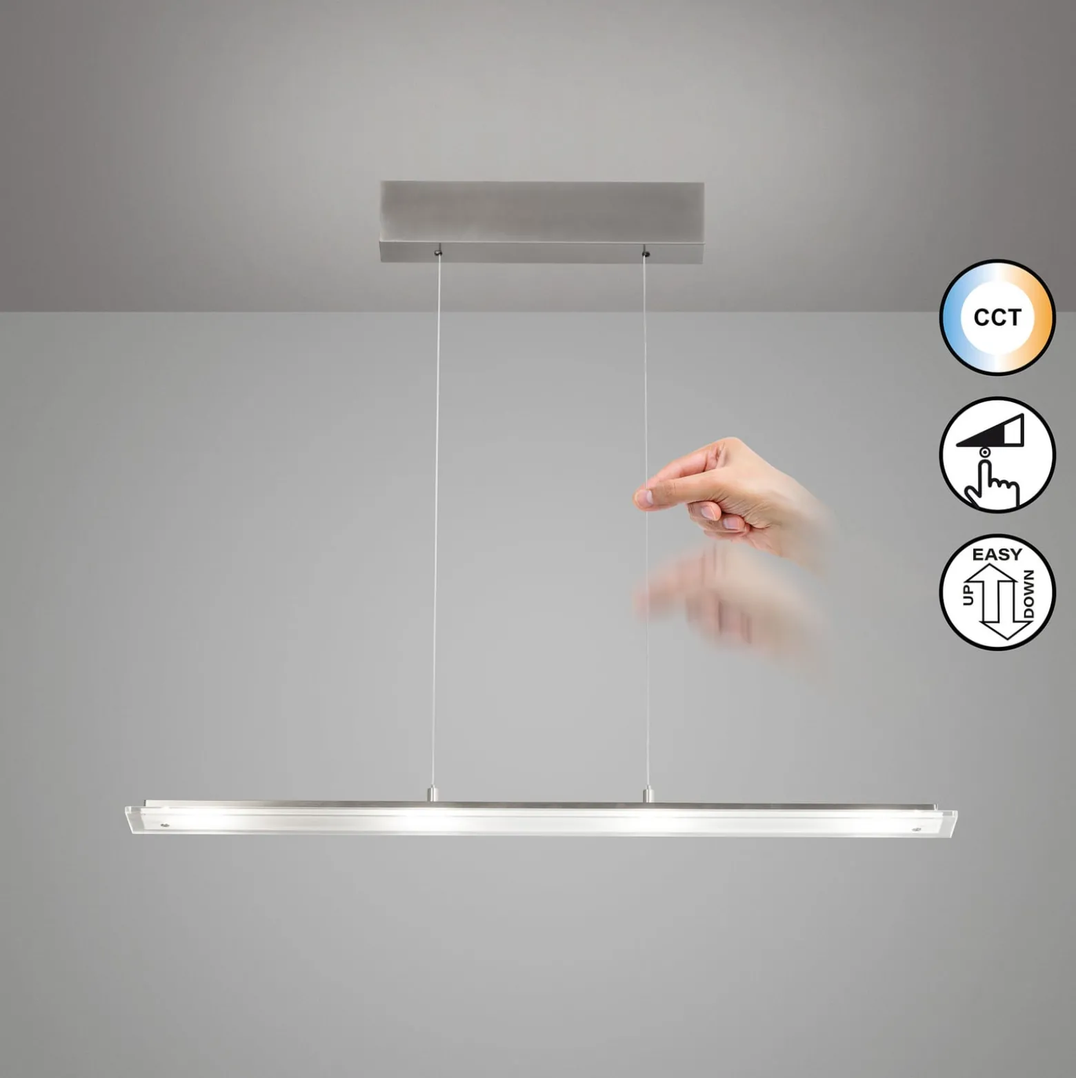LED-riippuvalaisin Torvi, nikkeli, pituus 88 cm, CCT, kosketusdimmeri