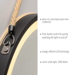 LED-seinäpeili VIDRO, musta, Ø 40 cm, powerbank, ripustettava