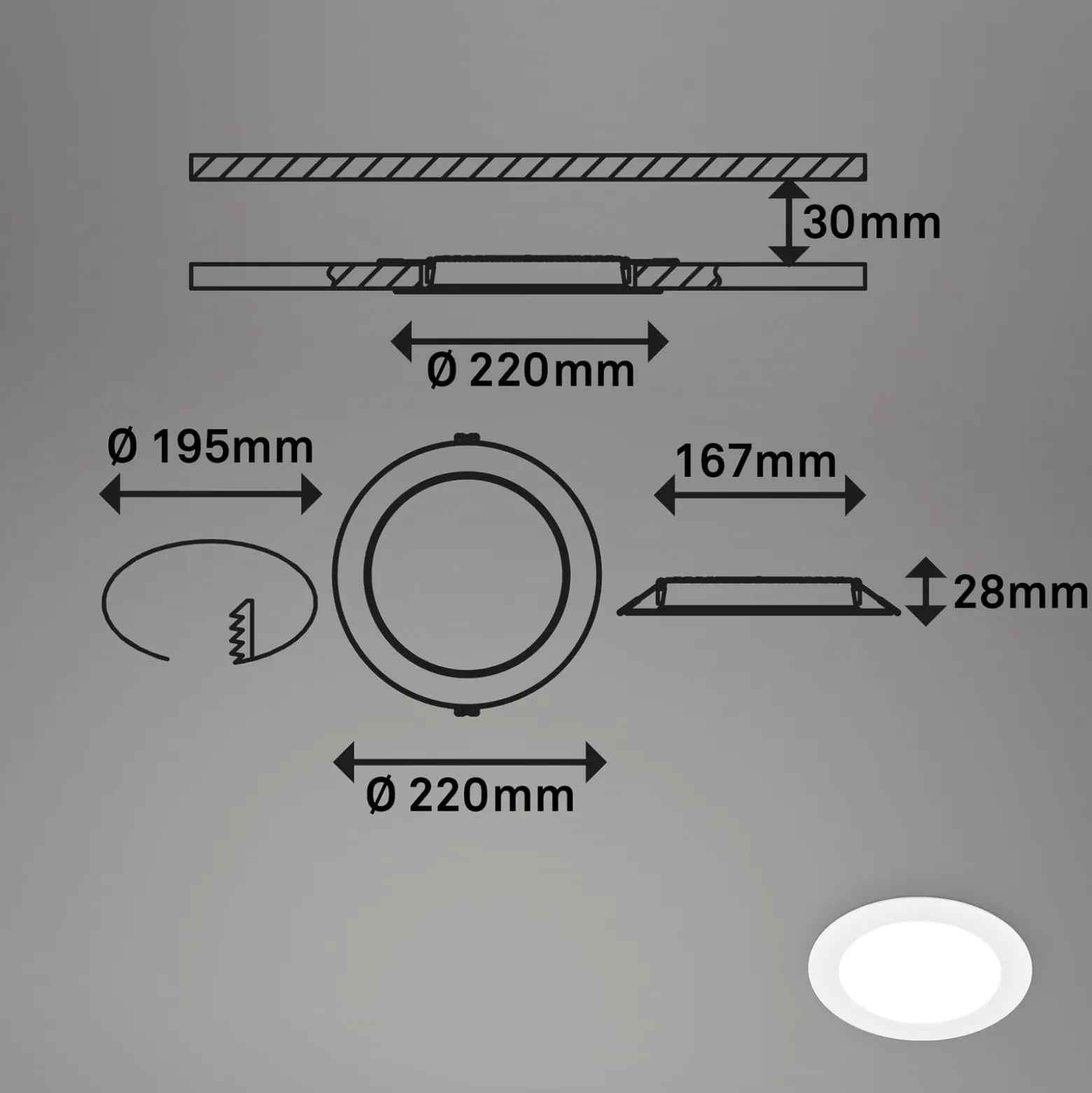 LED uppoasennusvalaisin Jeft, Ø 22 cm, valkoinen, 4000K, ei himmennettävä