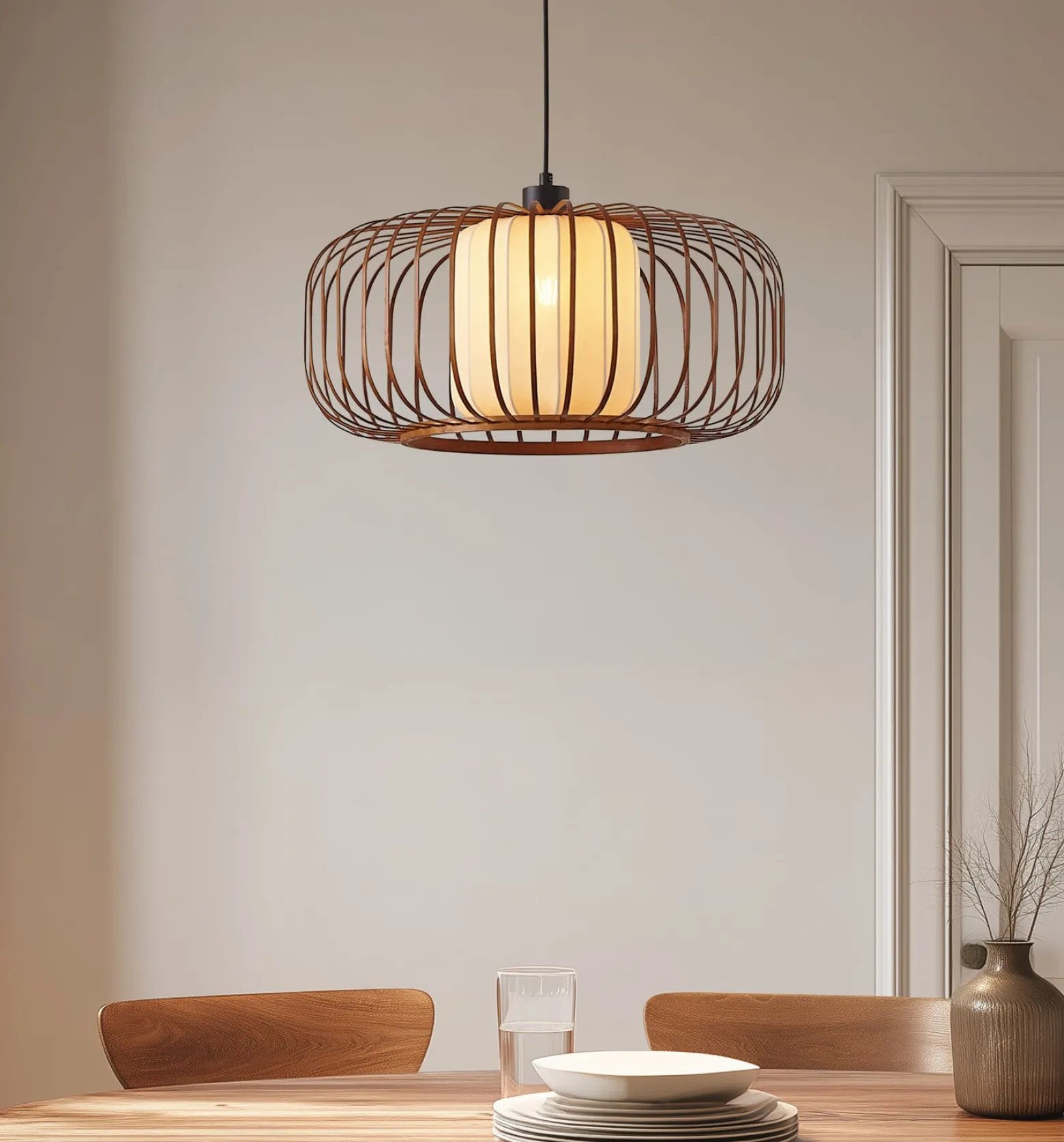 Lindby Davella-riippuvalaisin, Ø 50 cm, bambu, tekstiili