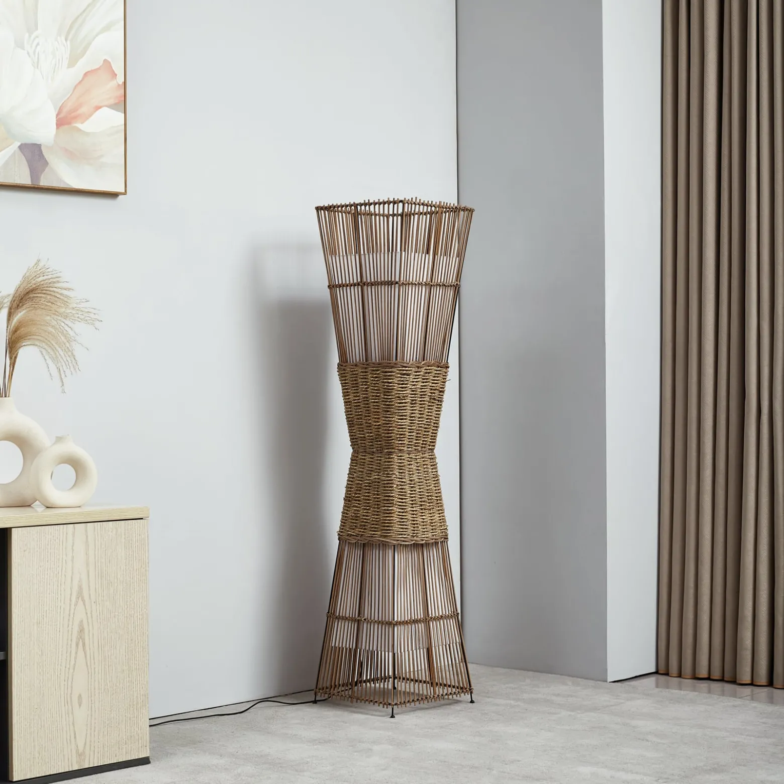 Lindby Jacinto lattiavalaisin, bambu, hamppu, korkeus 130 cm